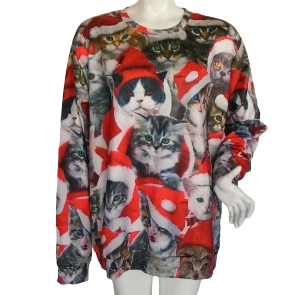 Santa Kittens Top, XXL, Poly, Colorful kittens with Santa hats, Long sleeve